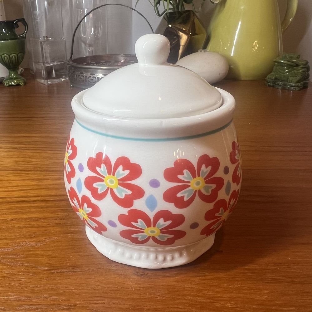 Pioneer Woman Stoneware Retro Flea Market Sugar Bowl & Lid Red Floral Canister
